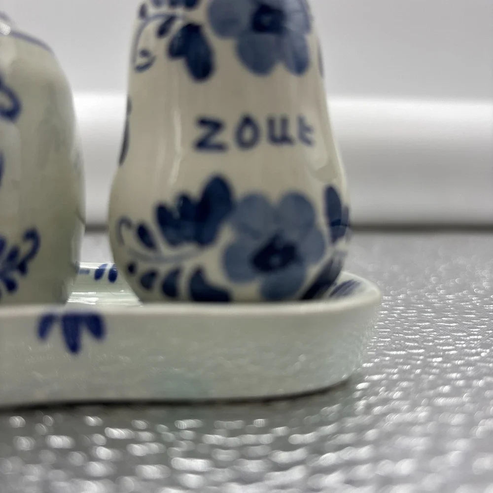 Delft Blue Netherlands Hand Painted 6‎ Piece Condiment Set Tray Wooden Spoon